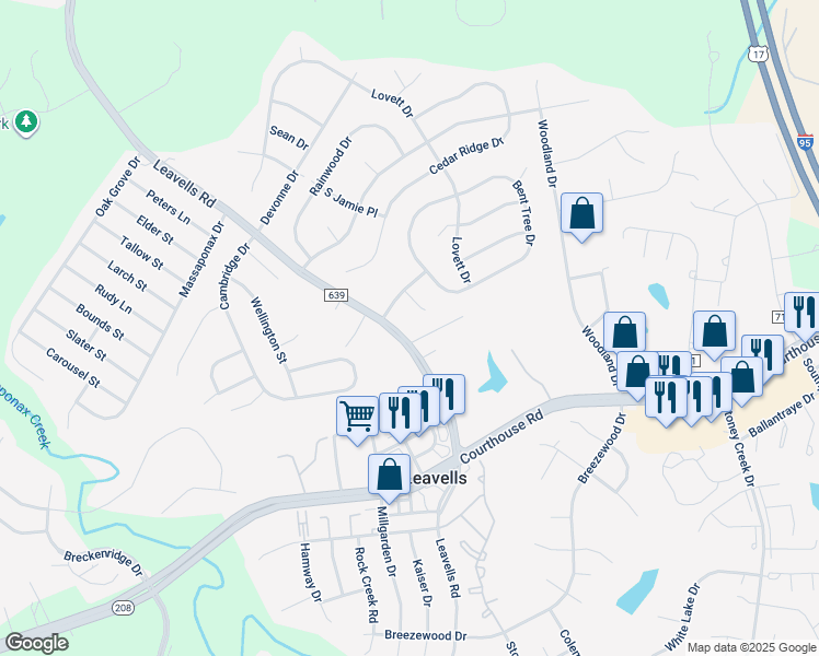 map of restaurants, bars, coffee shops, grocery stores, and more near 10625 Leavells Road in Fredericksburg