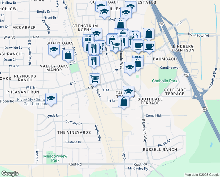map of restaurants, bars, coffee shops, grocery stores, and more near 511 G Street in Galt