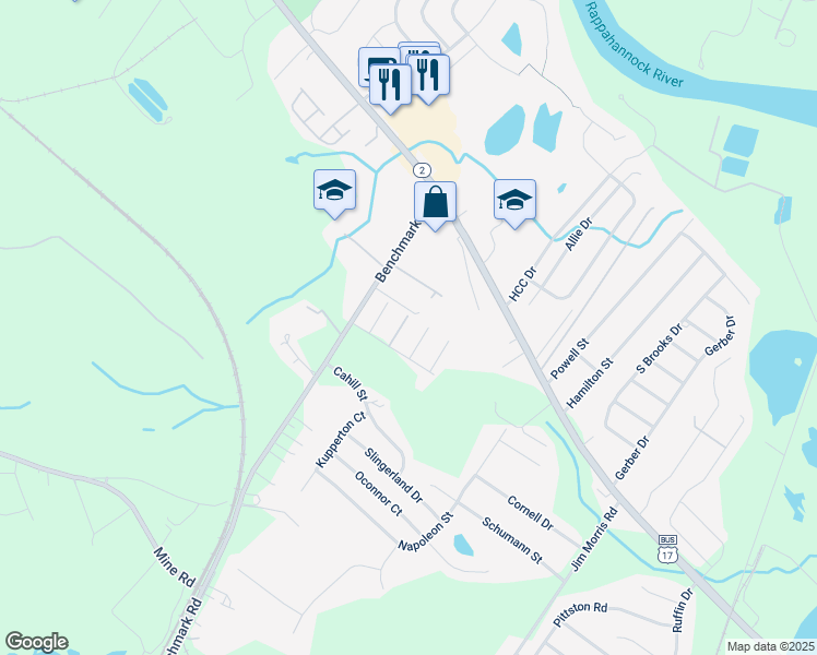 map of restaurants, bars, coffee shops, grocery stores, and more near 10605 Boxmeer Court in Fredericksburg