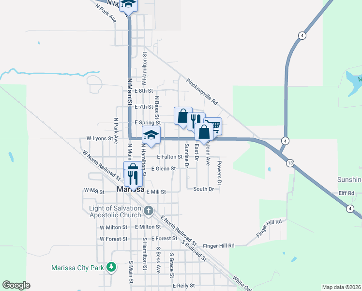 map of restaurants, bars, coffee shops, grocery stores, and more near 404 Sunrise Drive in Marissa