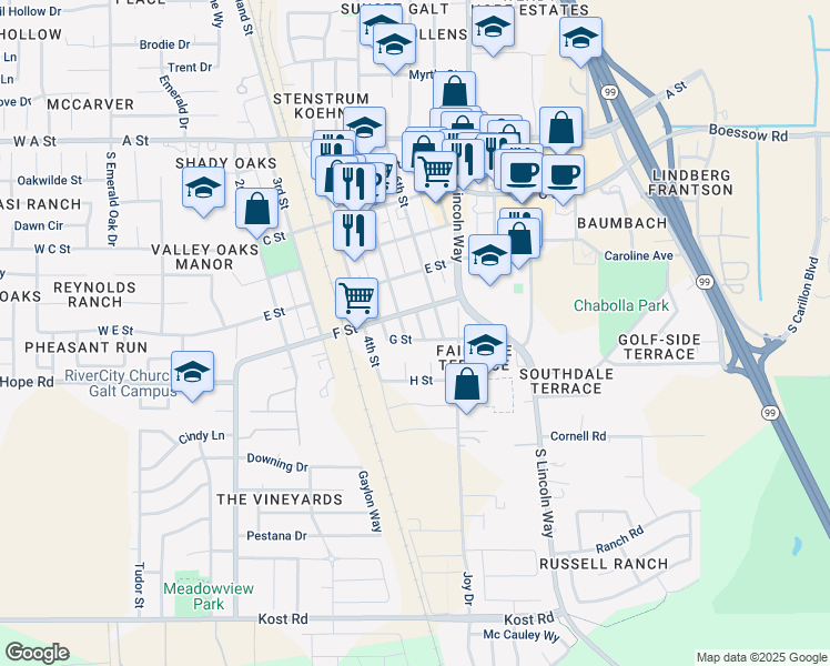 map of restaurants, bars, coffee shops, grocery stores, and more near 511 G Street in Galt