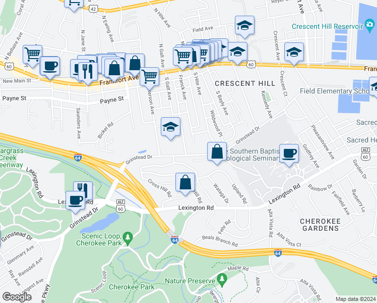 map of restaurants, bars, coffee shops, grocery stores, and more near 385 South Galt Avenue in Louisville