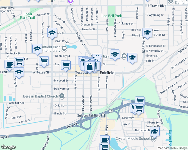 map of restaurants, bars, coffee shops, grocery stores, and more near 632 Webster Street in Fairfield