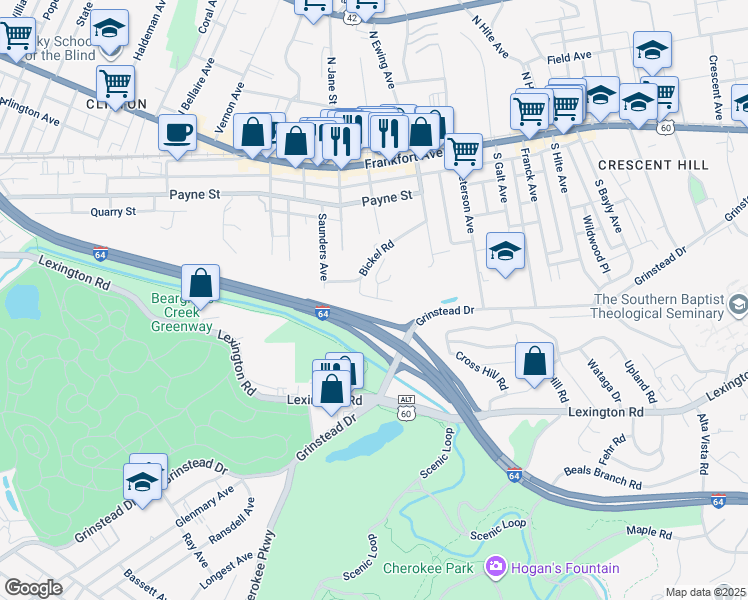 map of restaurants, bars, coffee shops, grocery stores, and more near 372 Crescent Spring Drive in Louisville