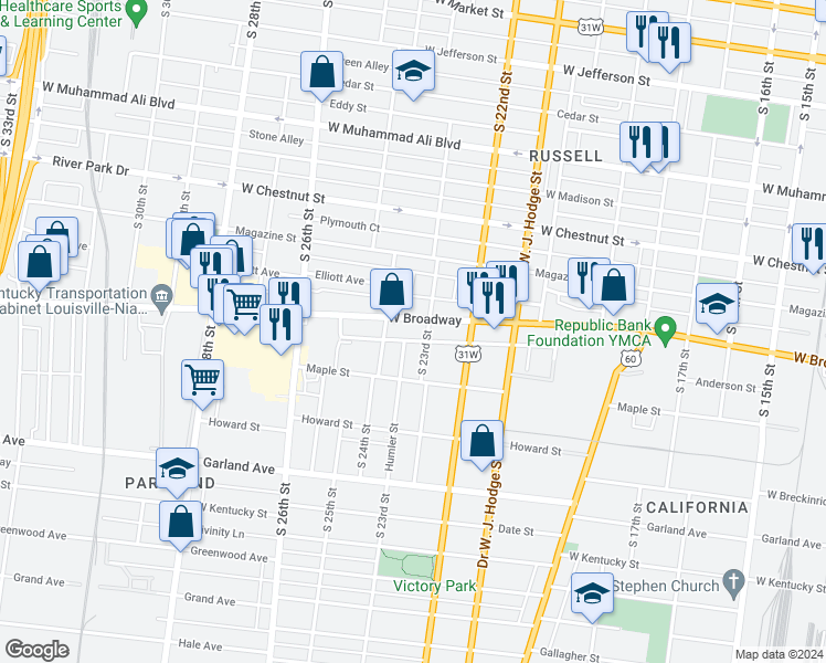 map of restaurants, bars, coffee shops, grocery stores, and more near 723 Humler Street in Louisville