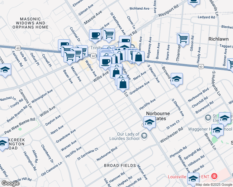 map of restaurants, bars, coffee shops, grocery stores, and more near 3813 Grandview Avenue in Louisville