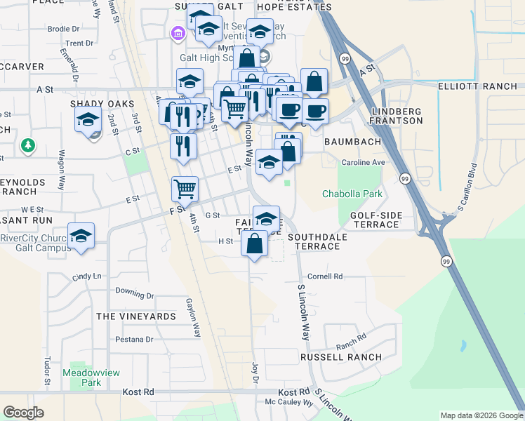 map of restaurants, bars, coffee shops, grocery stores, and more near 703 Church Street in Galt