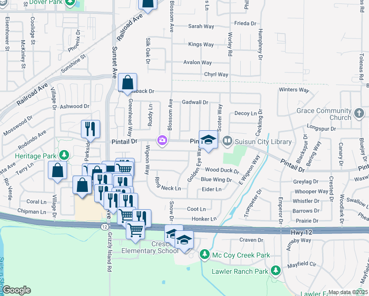 map of restaurants, bars, coffee shops, grocery stores, and more near 405 Shoveller Drive in Suisun City