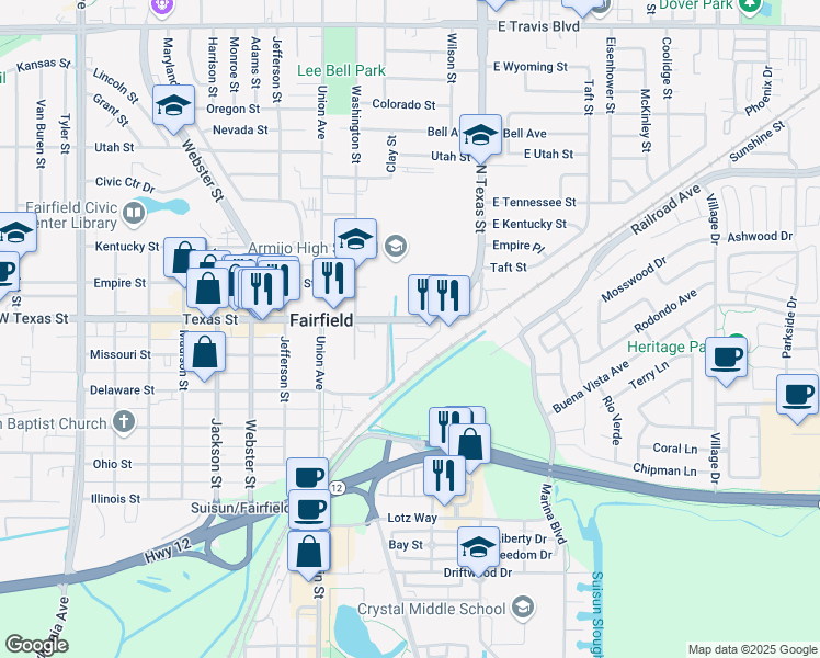 map of restaurants, bars, coffee shops, grocery stores, and more near 332 State Street in Fairfield