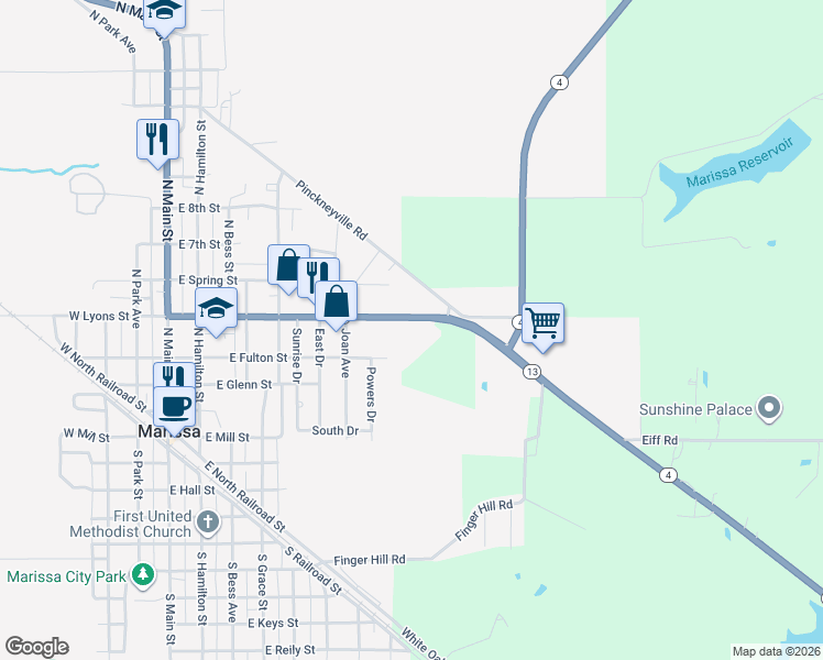 map of restaurants, bars, coffee shops, grocery stores, and more near 740 East Lyons Street in Marissa