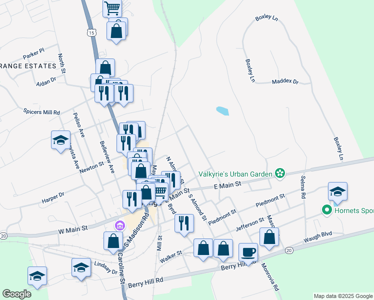 map of restaurants, bars, coffee shops, grocery stores, and more near 175 North Madison Street in Orange
