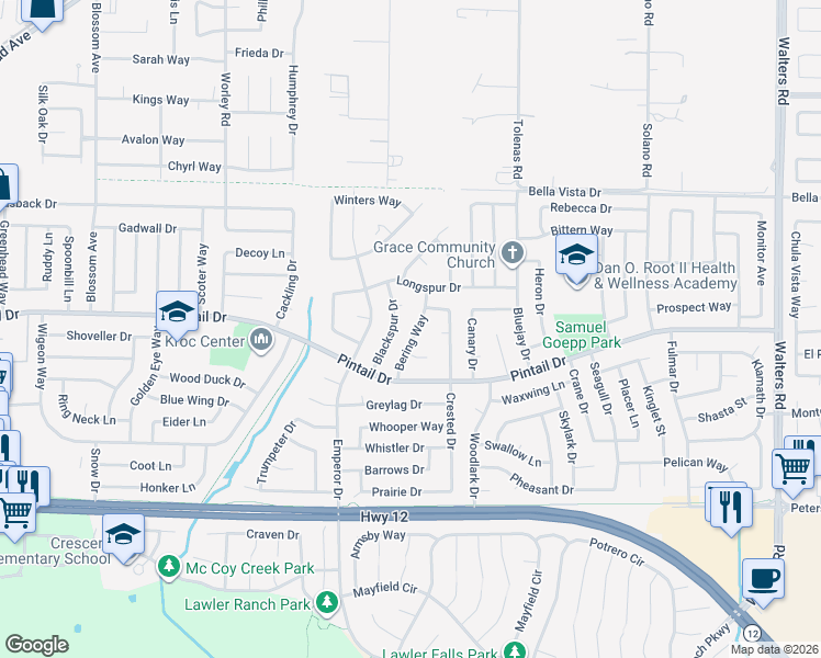 map of restaurants, bars, coffee shops, grocery stores, and more near 818 Bering Way in Suisun City