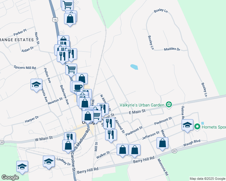 map of restaurants, bars, coffee shops, grocery stores, and more near 175 North Madison Street in Orange