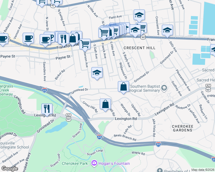 map of restaurants, bars, coffee shops, grocery stores, and more near 503 Upland Road in Louisville