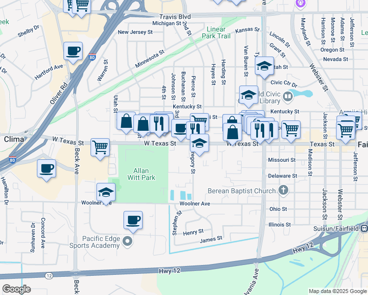 map of restaurants, bars, coffee shops, grocery stores, and more near 1605 West Texas Street in Fairfield