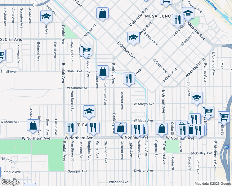 map of restaurants, bars, coffee shops, grocery stores, and more near 1029 Berkley Avenue in Pueblo