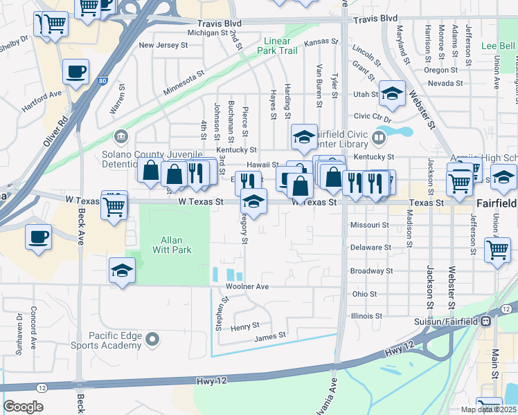 map of restaurants, bars, coffee shops, grocery stores, and more near 620 Gregory Lane in Fairfield