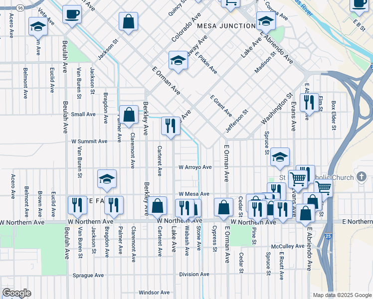 map of restaurants, bars, coffee shops, grocery stores, and more near 1032 Lake Avenue in Pueblo