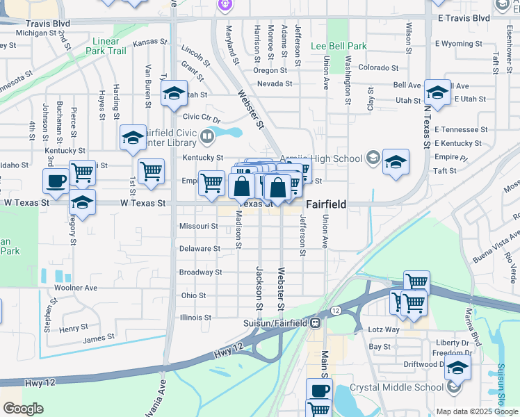 map of restaurants, bars, coffee shops, grocery stores, and more near 620 Jackson Street in Fairfield