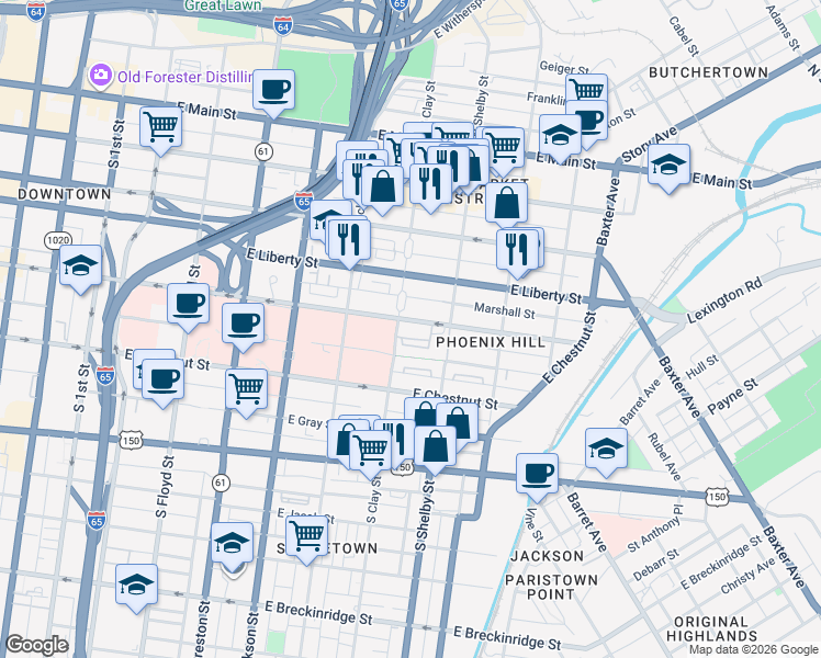 map of restaurants, bars, coffee shops, grocery stores, and more near 706 East Muhammad Ali Boulevard in Louisville