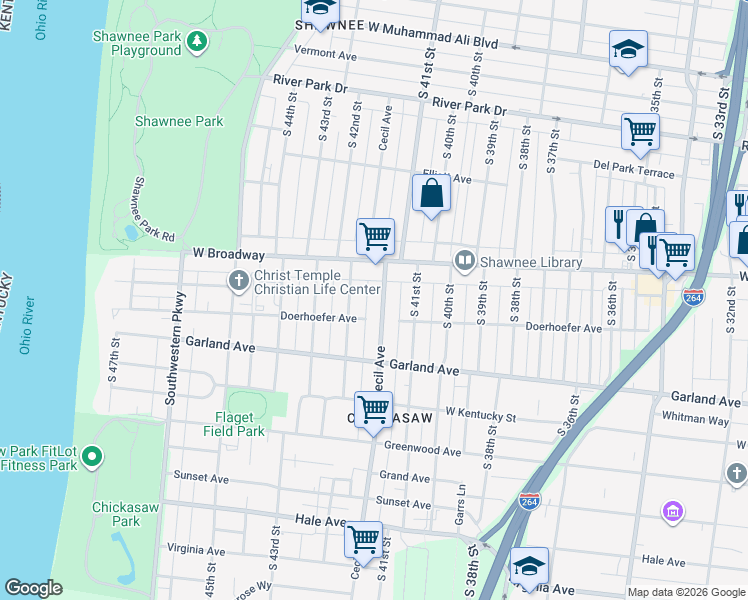map of restaurants, bars, coffee shops, grocery stores, and more near 734 Cecil Avenue in Louisville