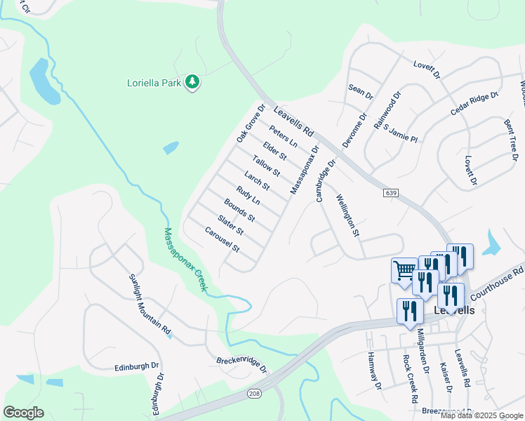 map of restaurants, bars, coffee shops, grocery stores, and more near 5506 Rudy Lane in Fredericksburg