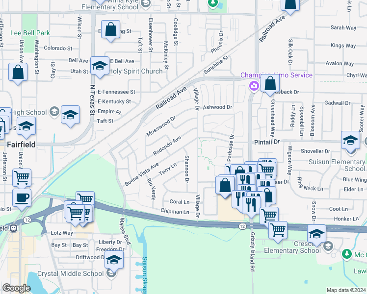 map of restaurants, bars, coffee shops, grocery stores, and more near Shannon Dr & Buena Vista Ave in Suisun City