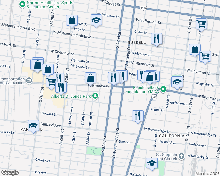 map of restaurants, bars, coffee shops, grocery stores, and more near 2200 West Broadway in Louisville