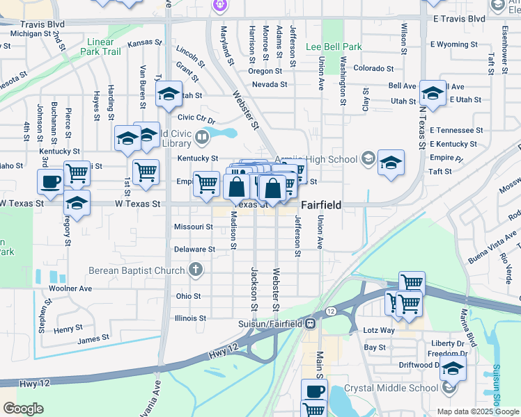 map of restaurants, bars, coffee shops, grocery stores, and more near 620 Jackson Street in Fairfield