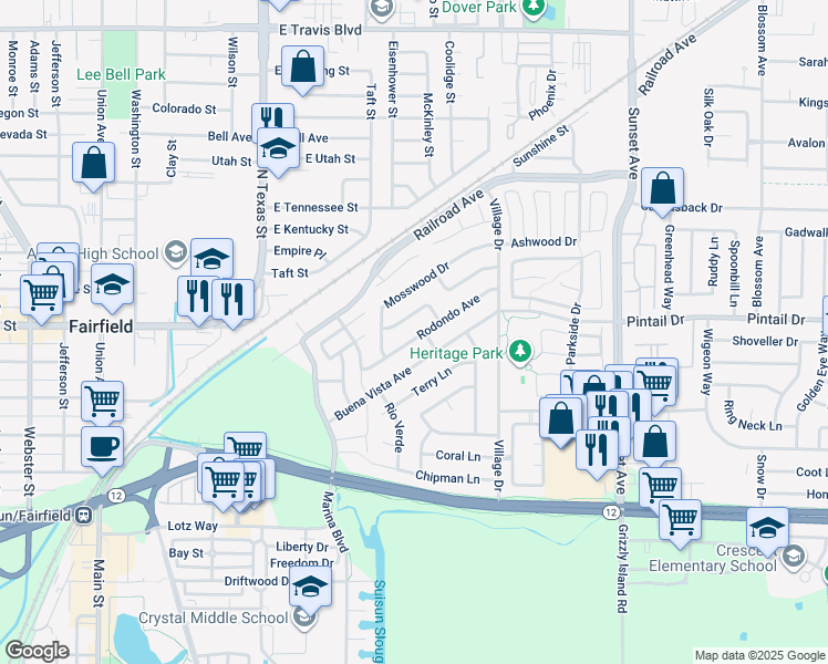map of restaurants, bars, coffee shops, grocery stores, and more near 64 Rodondo Avenue in Suisun City
