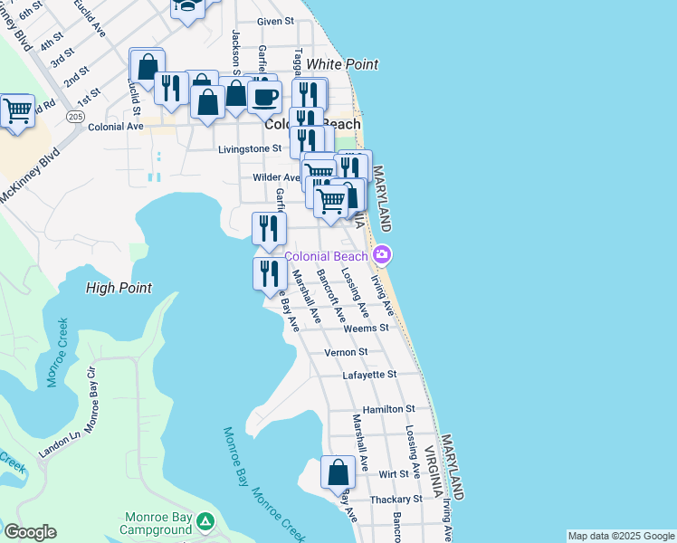 map of restaurants, bars, coffee shops, grocery stores, and more near 17 Lossing Avenue in Colonial Beach