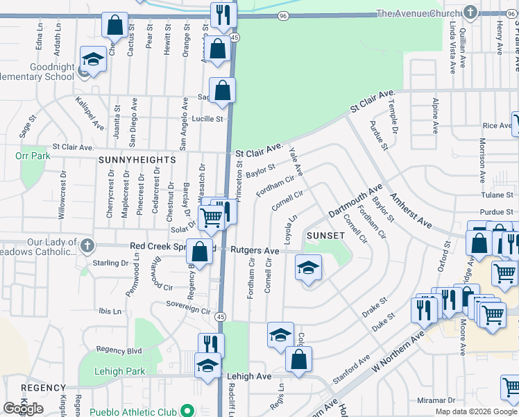 map of restaurants, bars, coffee shops, grocery stores, and more near 53 Cornell Circle in Pueblo