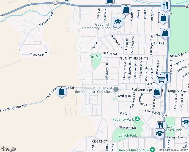 map of restaurants, bars, coffee shops, grocery stores, and more near 1014 Olivecrest Drive in Pueblo
