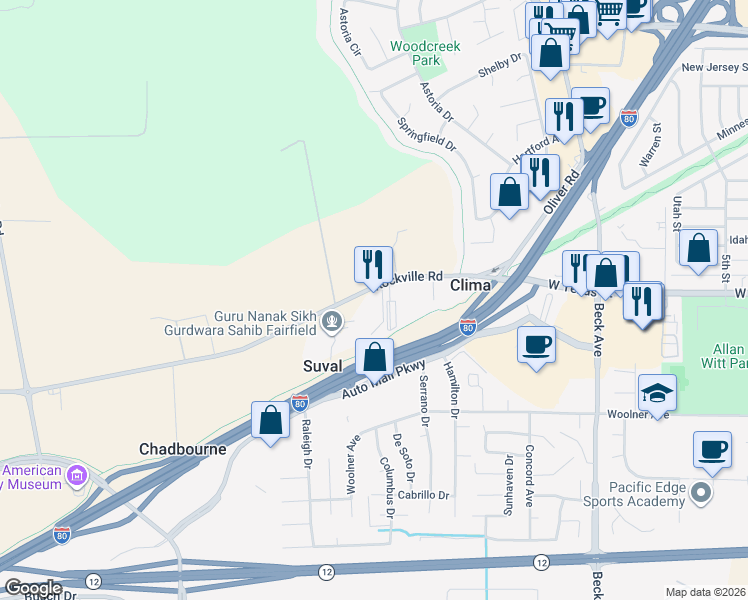 map of restaurants, bars, coffee shops, grocery stores, and more near 2978 Rockville Road in Fairfield