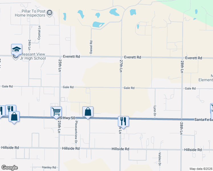 map of restaurants, bars, coffee shops, grocery stores, and more near 26539 Gale Road in Pueblo