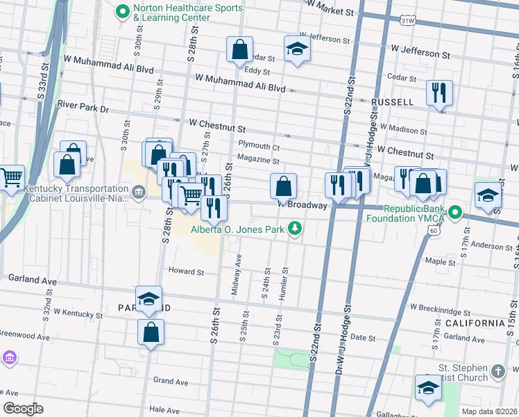 map of restaurants, bars, coffee shops, grocery stores, and more near 2422 West Broadway in Louisville