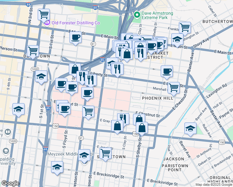 map of restaurants, bars, coffee shops, grocery stores, and more near 505 South Hancock Street in Louisville