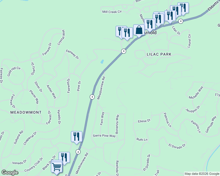 map of restaurants, bars, coffee shops, grocery stores, and more near 1641 Meadowview Road in Arnold