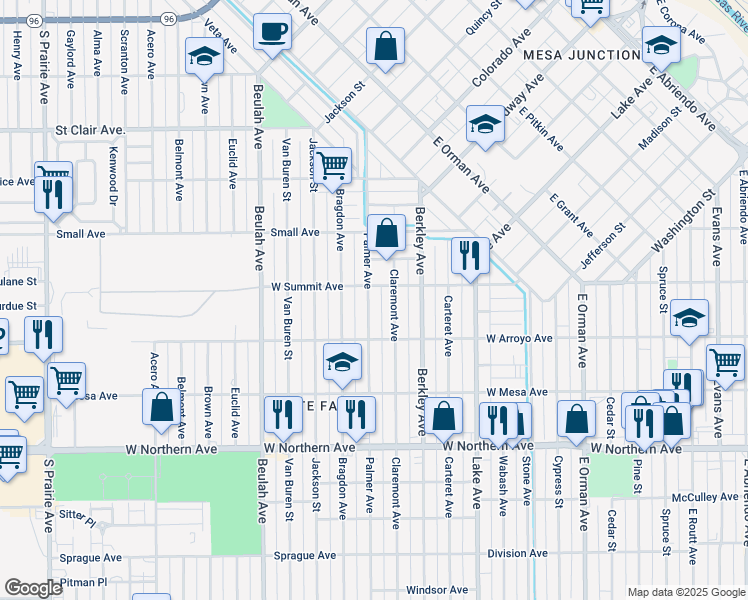 map of restaurants, bars, coffee shops, grocery stores, and more near 1022 Palmer Avenue in Pueblo