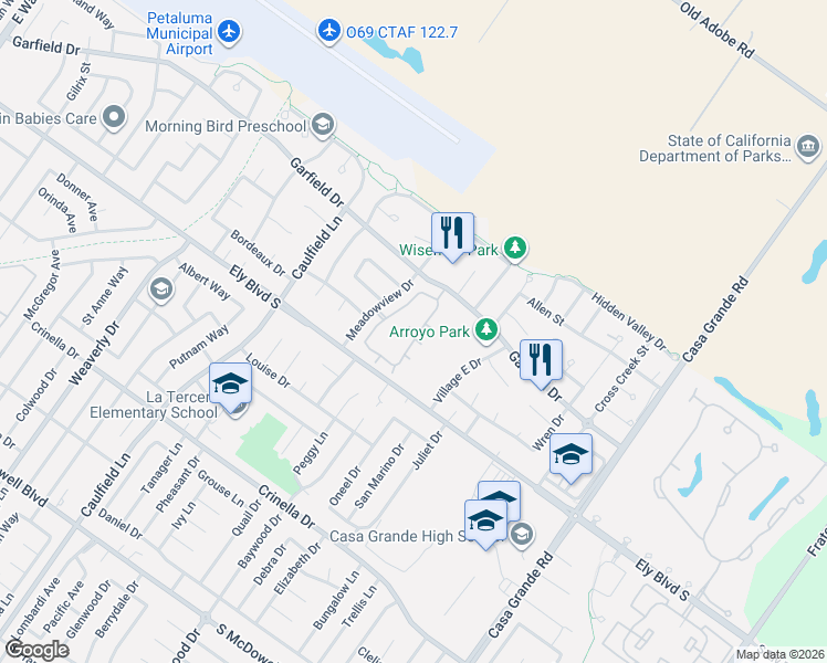 map of restaurants, bars, coffee shops, grocery stores, and more near 1002 Marylyn Circle in Petaluma