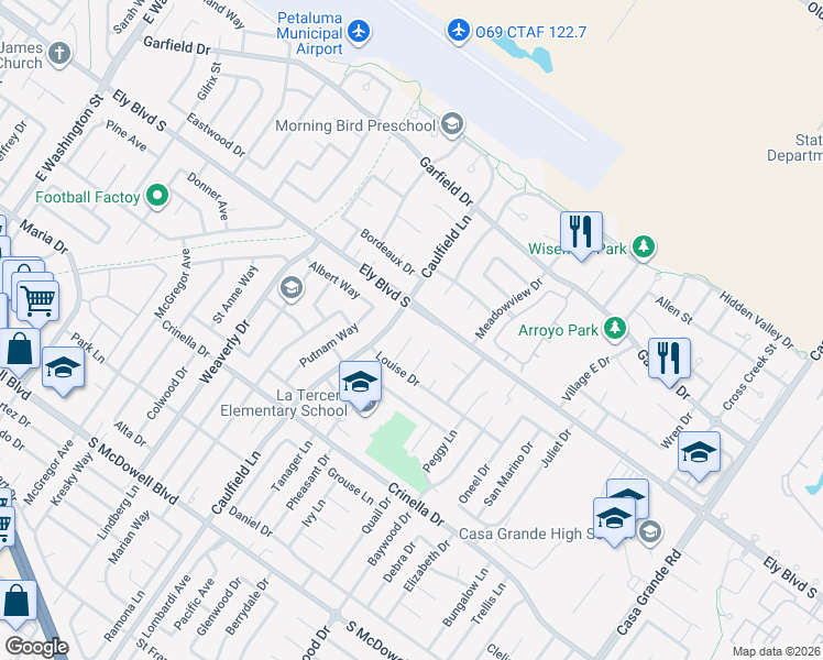 map of restaurants, bars, coffee shops, grocery stores, and more near 1716 Tampico Court in Petaluma