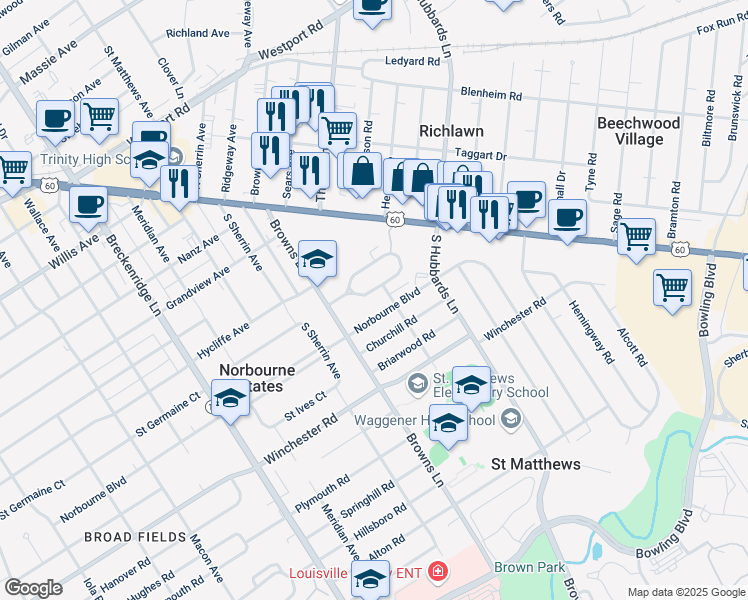 map of restaurants, bars, coffee shops, grocery stores, and more near 4216 Norbourne Boulevard in Louisville