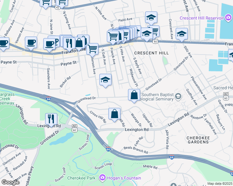 map of restaurants, bars, coffee shops, grocery stores, and more near 503 Upland Road in Louisville