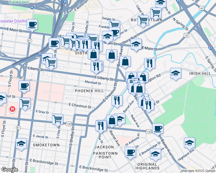 map of restaurants, bars, coffee shops, grocery stores, and more near 1016 East Muhammad Ali Boulevard in Louisville