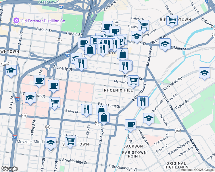 map of restaurants, bars, coffee shops, grocery stores, and more near 515 South Shelby Street in Louisville