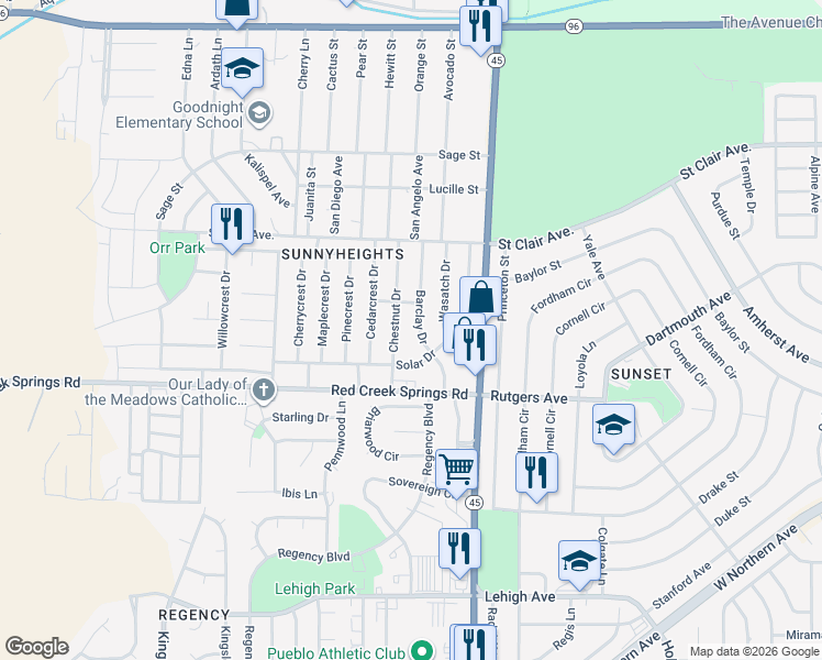 map of restaurants, bars, coffee shops, grocery stores, and more near 1012-1098 Chestnut Drive in Pueblo