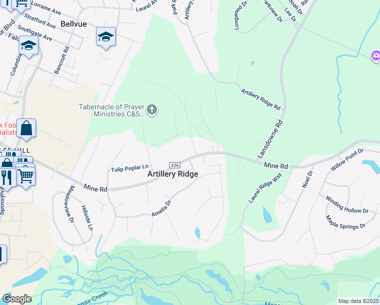map of restaurants, bars, coffee shops, grocery stores, and more near 4201 Mine Road in Fredericksburg