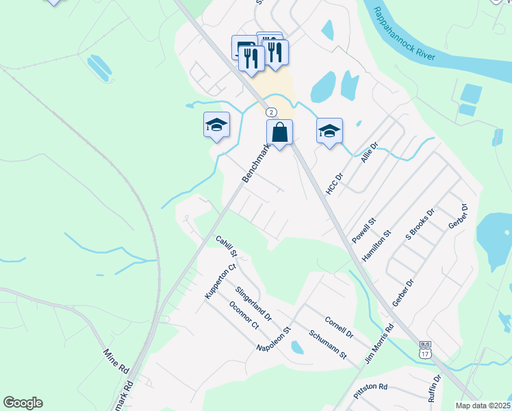 map of restaurants, bars, coffee shops, grocery stores, and more near 10606 Boxmeer Court in Fredericksburg