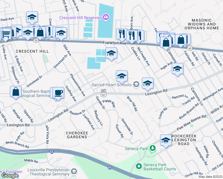 map of restaurants, bars, coffee shops, grocery stores, and more near 3032 Lexington Road in Louisville