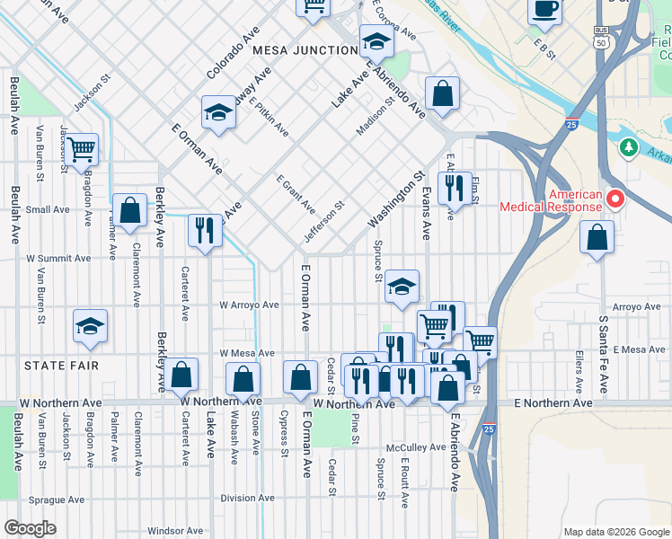 map of restaurants, bars, coffee shops, grocery stores, and more near 711 West Arroyo Avenue in Pueblo